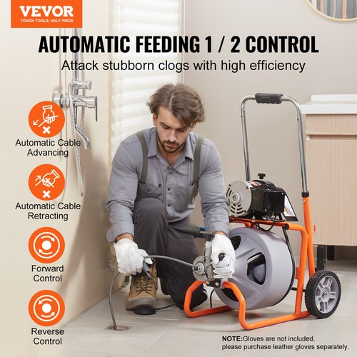 VEVOR Drain Cleaner Machine 75FT x 3/8 Inch Auto Feed with Wheels & 8 Cutters - Picture 2 of 12