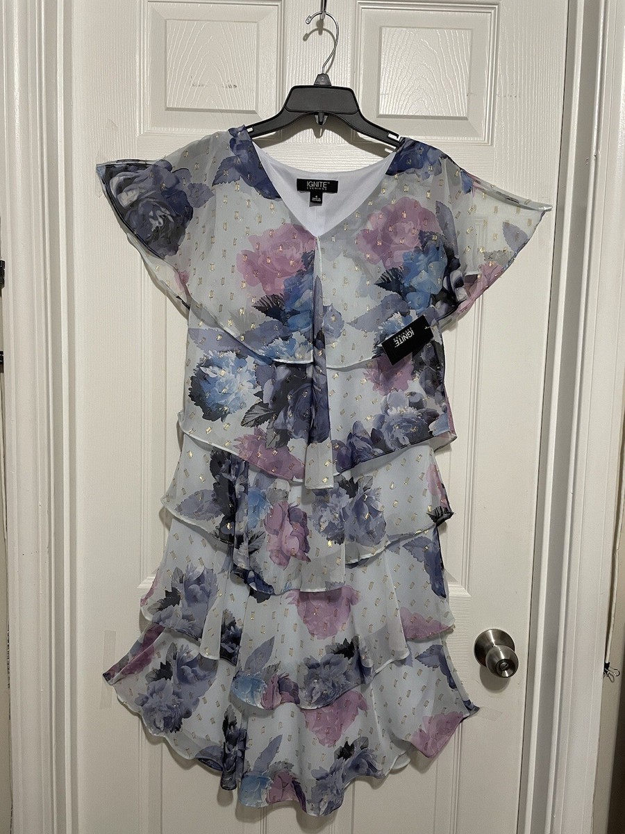 NWT Ignite Evenings Sleeveless Ruffle V-Neck Floral Chiffon Shift Dress.  Size: 6