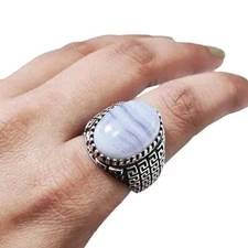 BLUE LACE AGATE HEALING GEMSTONE 925 STERLING SILVER GIFT PLAIN MENS RING