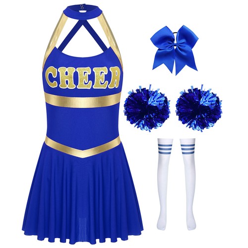 Womens Costume Halter Uniform Cheerleader Outfits Metallic Stockings Circus - Picture 39 of 61