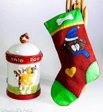Doggie Treat Jar & Christmas Stocking Lot Of 2 Novelty Dog Holiday Items