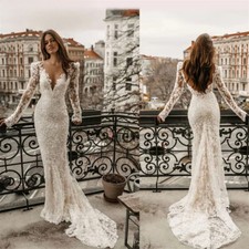 Women's Long Sleeve Mermaid Wedding Dress with Lace Applique Open Back V-neck