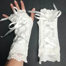 White Corset Gloves Lace Up Arm Warmers Renaissance Wedding Bridal Cuffs Bride
