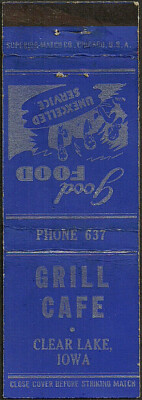 very old ~ GRILL CAFE ~ matchbook cover from CLEAR LAKE, IA iowa