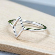 Modern Open Rhombus Shape 925 Sterling Silver Ring   Minimalist Geometric Adjus
