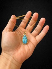 Turquoise Scarab Pendant Ancient Egyptian Amulet Necklace Gold Frame Beetle