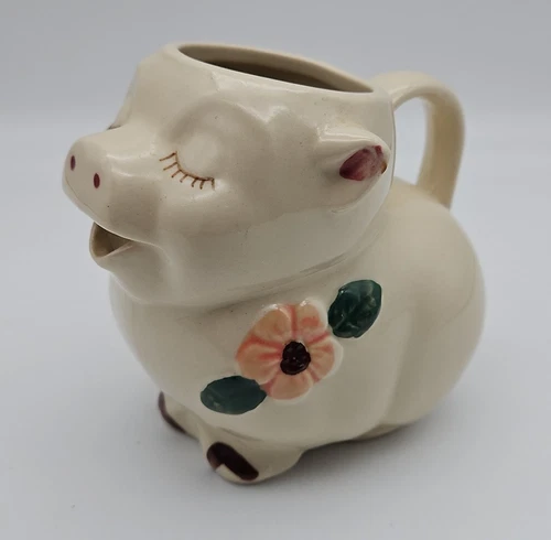 Vintage Shawnee Smiley Pig Creamer With Orange Flower - 4.5” No Chips or Cracks