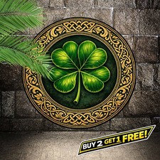 St Patricks Day Four-Leaf Clover 8x8 Round Vintage Metal Tin Sign Decor