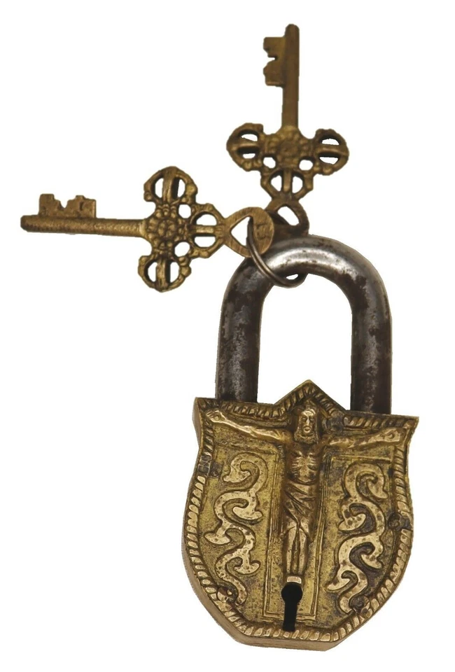 Candado de latón hecho a mano estilo antiguo con cerradura de puerta de seguridad con forma de Señor Jesucristo Foto 2 de 4