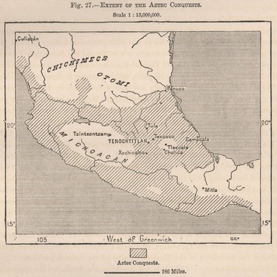 Umfang der aztekischen Eroberungen. Mexiko 1885 alte antike Vintage Landkarte Plankarte