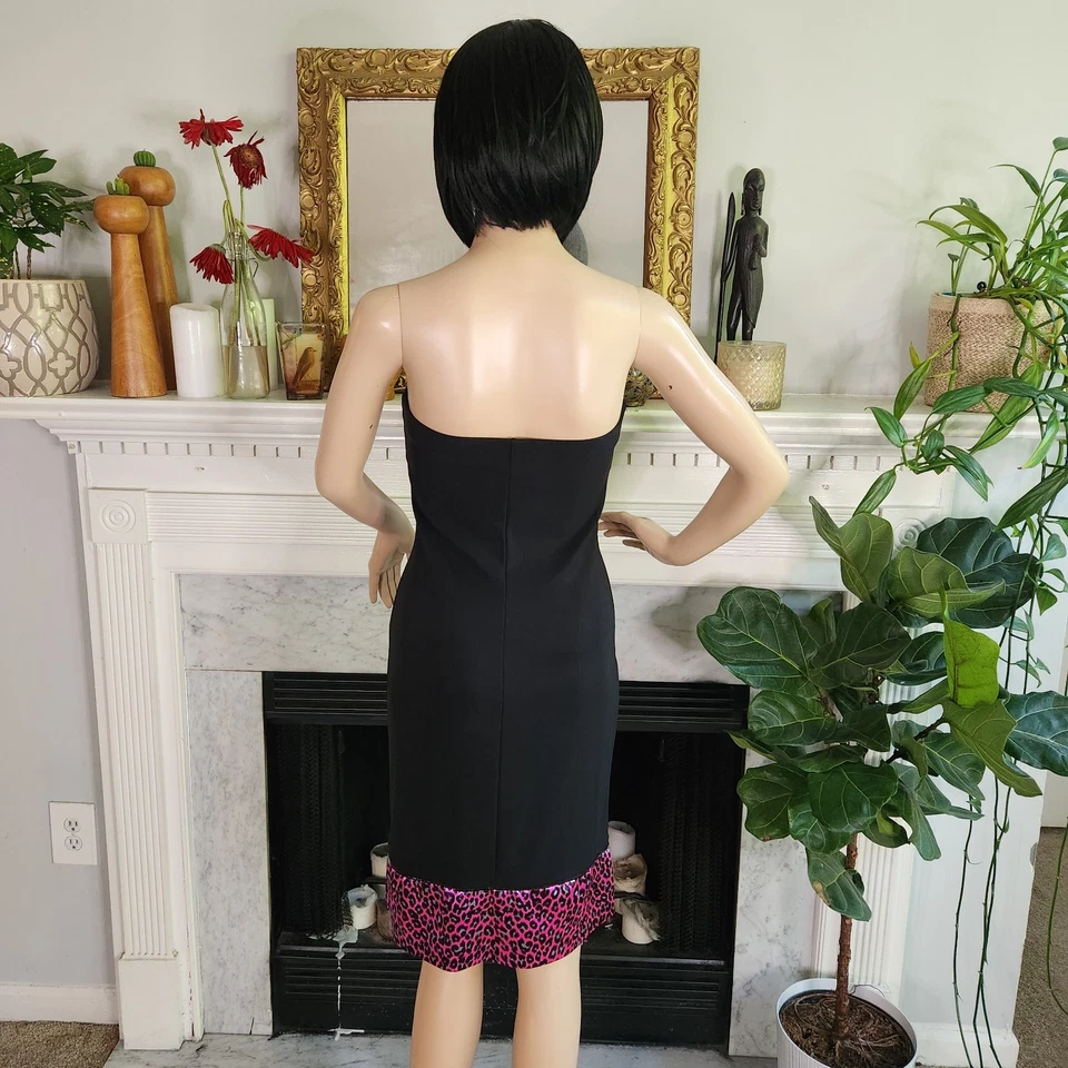 Vestido De Colección Años 80 Negro Sin Tirantes Talla Pequeña Rosa Guepardo Mob Esposa Lentejuelas Fiesta Foto 4 de 4