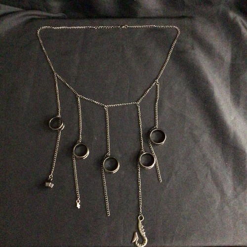 Black Tone Cable Chain Necklace Lobster Clasp Black Round Ring Charm Dangles