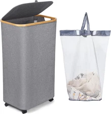 Large 100L Wheeled Clothes Basket with Bamboo Handles, Grey Hamper with Lid