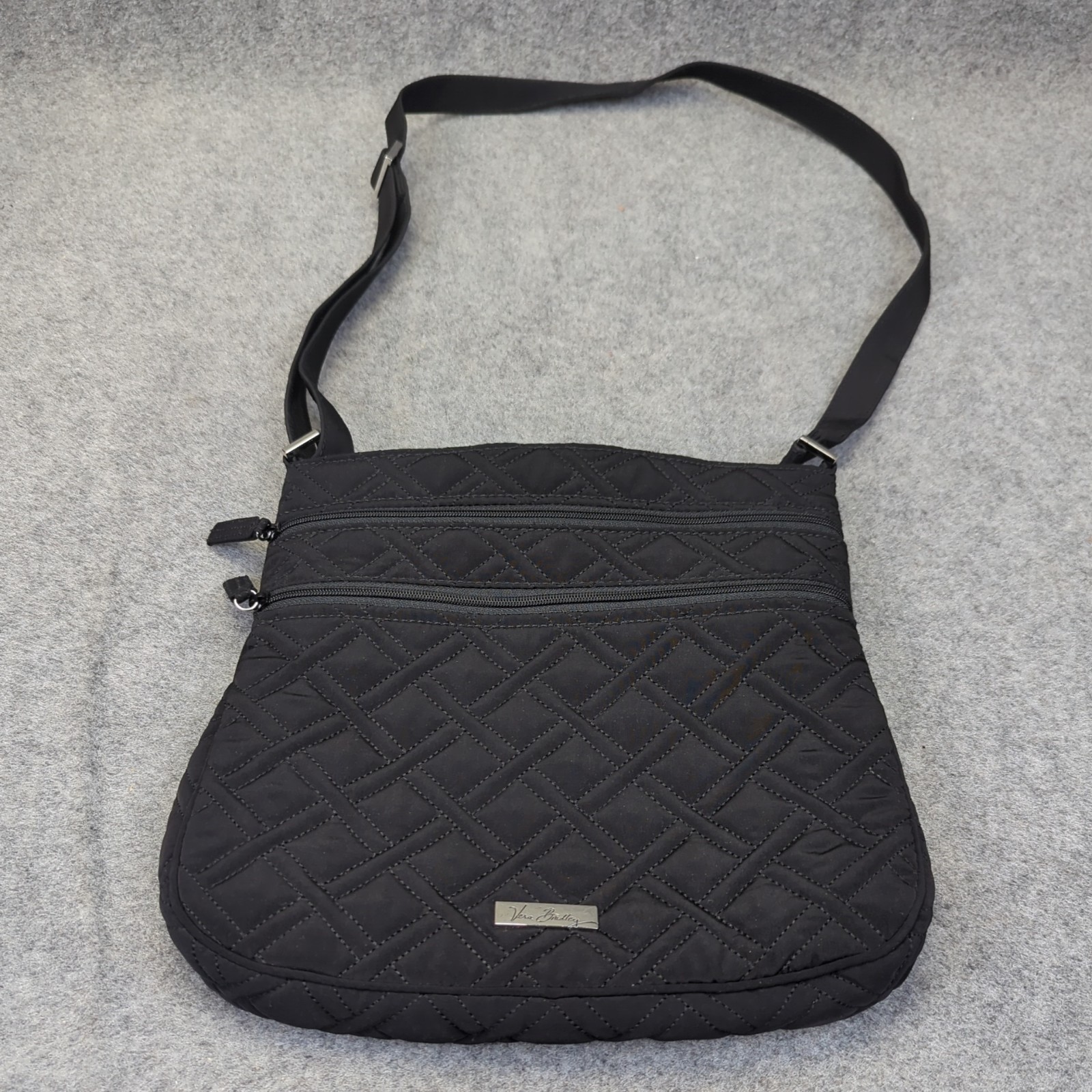 Vera Bradley Triple Zip Hipster Black Quilted Handbag Purse Medium Crossbody Bag