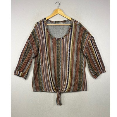 Boho Southwestern Absolutely Famous Women 2X Multi Stripe Front Tie Knit Top
