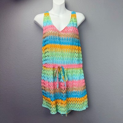 Show Me Your Mumu Ren Multi Stripe Crochet Romper Coverup Sz L Beach Travel Boho