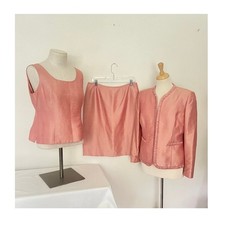 Kasper Skirt Suit Set Sz 10P Pink 3-Piece Ruffle Trim Shantung Professional Core