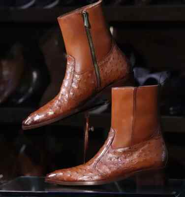 Handgefertigte Straußentext Leder Reißverschluss Stiefel Hunter Würfel Absatz Ledersohle für Männer