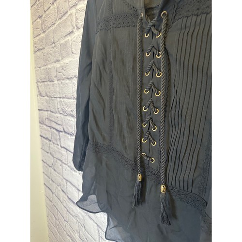 Cato schwarze Bluse Schnürung Plissee Bauern Oberteil Langarm Medium - Bild 3 von 7