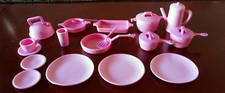 Vintage 1980's Barbie Kitchen Items Pink Dishes, Cups, Pots, Pans