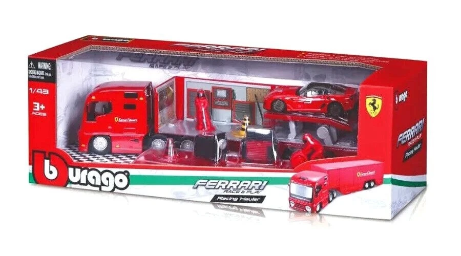 Playset Burago Bburago FERRARI RACING HAULER CAMION BISARCA OFFICINA 1 43 Nuovo