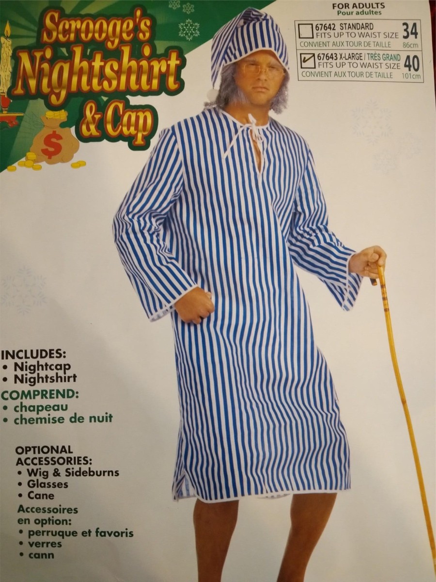 Mens Scrooge Nightshirt + Cap Adult Costume Male Halloween Mens Scrooge Nightshirt + Cap Adult Costume Male Halloween