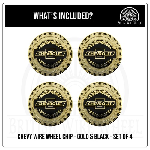 Chevy Gold & Black Metal Wire Wheel Chip Emblems, Size 2.25", Set or Single - Picture 17 of 21