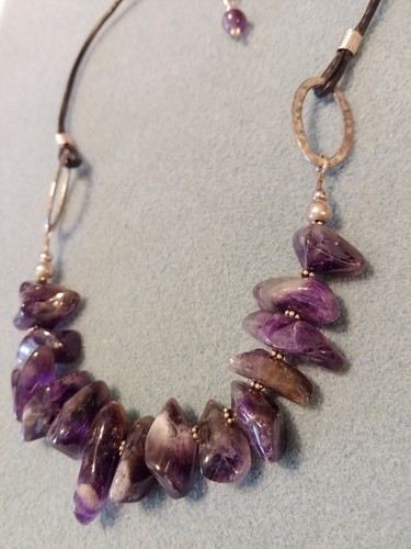 Vtg Amethyst Nugget Necklace Sterling Silver Sides Leather Adjustable USA 18-21" - Picture 5 of 8