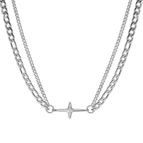 Four Pointed Star Figaro & Curb Chain Korean KPOP Steel Necklace 16/18/20 inches - Picture 2 of 2