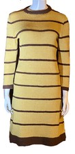 Vintage Handmade Unique Knit Striped Sweater Dress Yellow Green Brown Small EUC