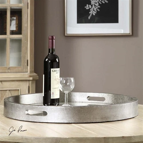 Uttermost Bechet Round Farmhouse MDF and Mirror Tray in Silver - Picture 1 of 3