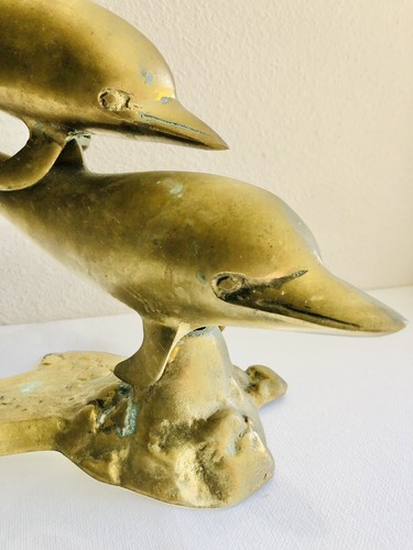 Vintage Large Solid Brass 2 Swimming Dolphin Sculpture Figurine Statue READ - Picture 4 of 8
