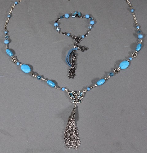  ANNA SUI Butterfly Necklace & Bracelet Set Jewels & Torquois Beads  - Picture 1 of 12