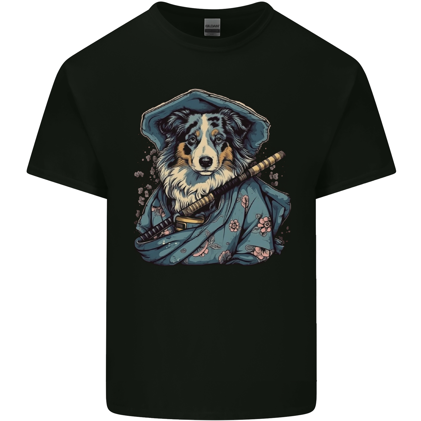 Australian Sheepdog Samurai Warrior Fantasy Mens Cotton T-Shirt Tee Top