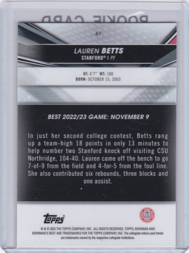 LAUREN BETTS ROOKIE CARD Bowman Chrome UCLA Bruins RARE SPECKLE REFRACTOR $$ RC! - Picture 2 of 2
