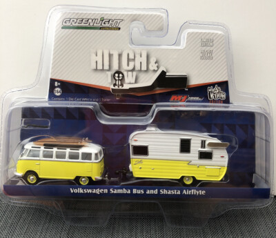 1//64 GREENLIGHT HITCH /& TOW VOLKSWAGEN SAMBA BUS /& SHASTA AIRFLYTE TRAILER YELLO
