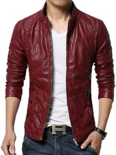 Uomo Originale Rosso Giacca IN Pelle Di Agnello Motociclista Zip Cappotto Giacca