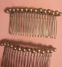  2 Vintage Pale Bronze Faux Glass Pearls Silver Metal Hair Combs