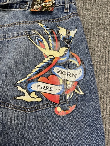 Ed Hardy Women 34 Born Free Painted Birds Loose Wide Leg Skater Denim Y2K NEW - Picture 10 of 18
