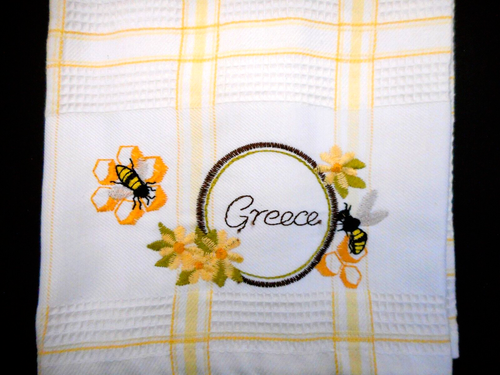 Greece Kitchen Hand Towel Souvenir Bees Flowers Greece White & Yellow 17x26 NWOT
