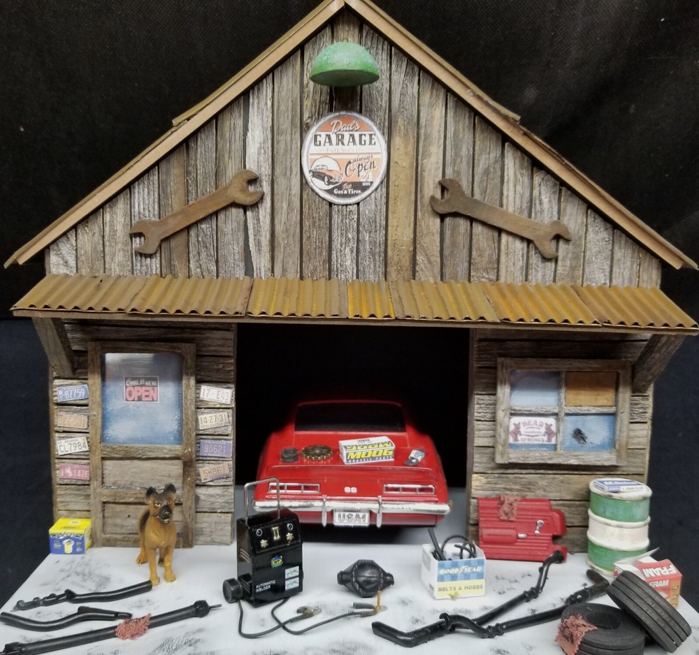 Handcrafted 1:18 Diorama Dad's Garage with Detailed 69 Camaro Rear View