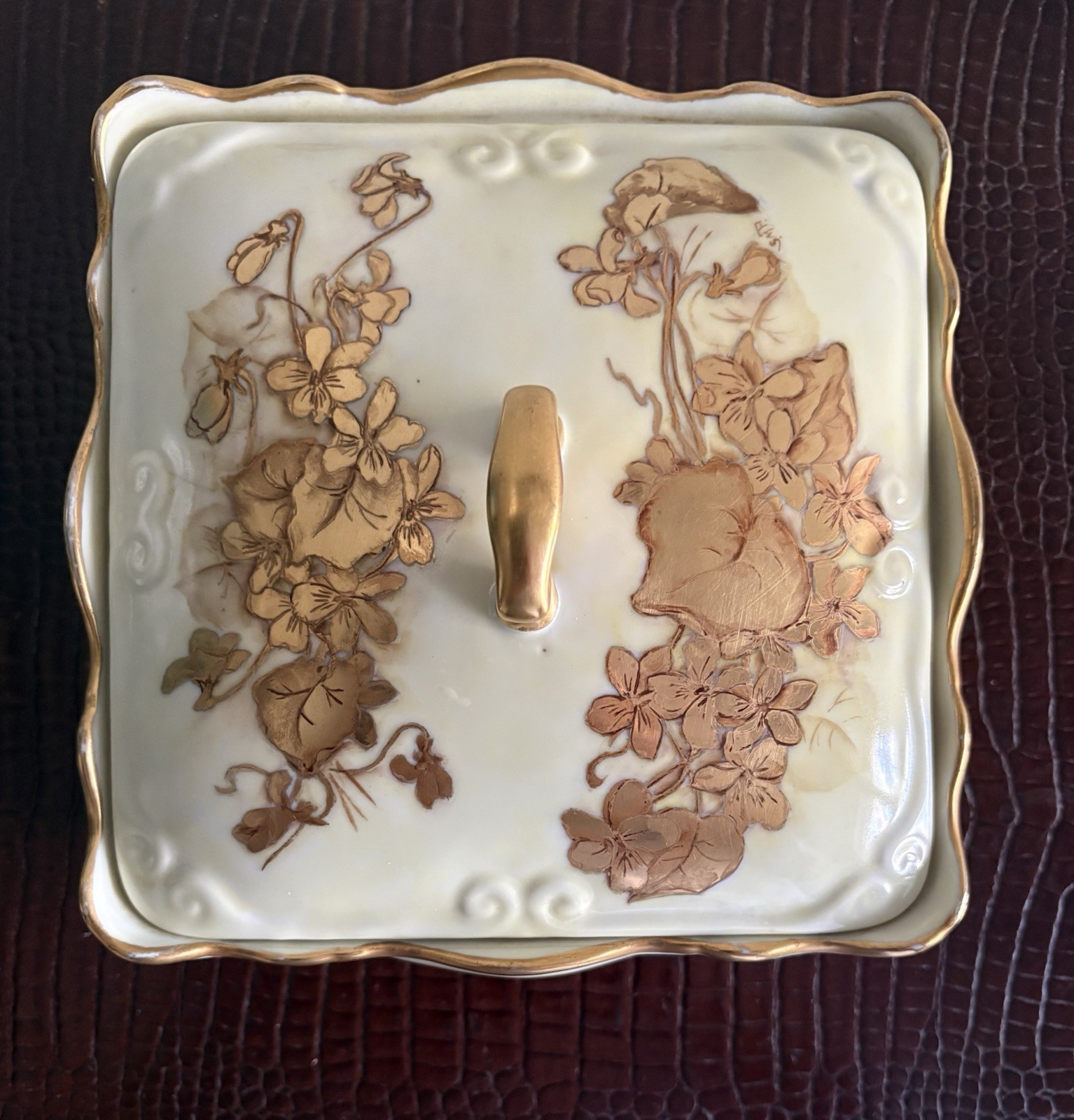 Antique Victorian-style Footed Porcelain Covered Dish - Gilded Floral Pattern