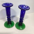 2 Vintage Art Glass Candle Holders Murano Style In Green & Mottled Blue 6”