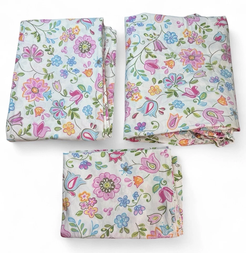 Pottery Barn Kids TWIN 3pc Flat & Fitted Sheet Set Pillowcase Pastel Floral Pink - Image 3 of 4