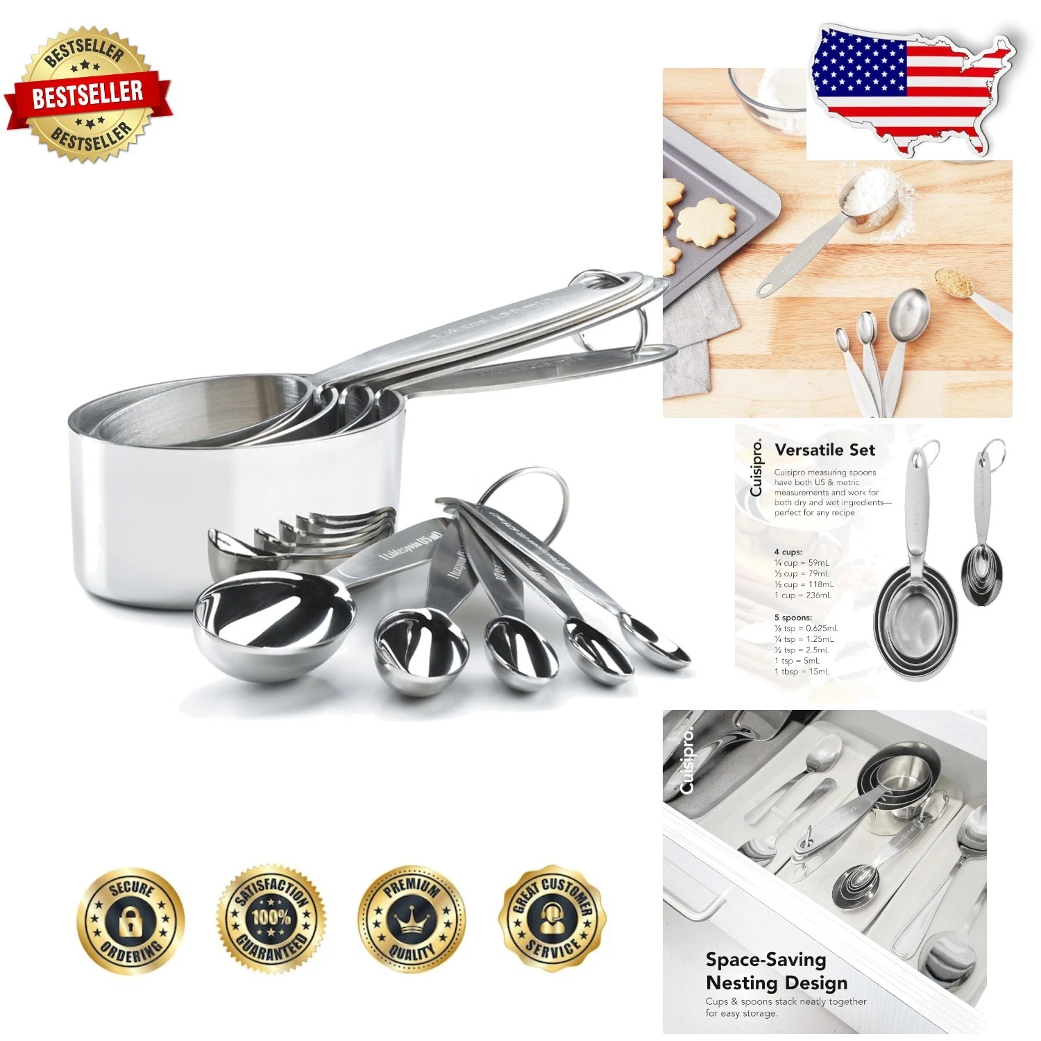 Essential 9pc SS Measuring Cups Spoons Set Space-Saving Nesting Kitchen Gadget