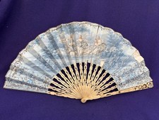 ANTIQUE FRENCH HAND COLORED SILVER DECORATED COURTING FAN MOTHER OF PEARL HANDLE