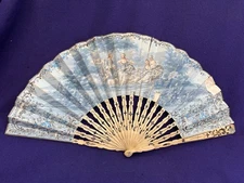 ANTIQUE FRENCH HAND COLORED SILVER DECORATED COURTING FAN MOTHER OF PEARL HANDLE