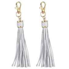 2pcs Leather Tassels 6" Keychain Tassel with Lobster Swivel Silver
