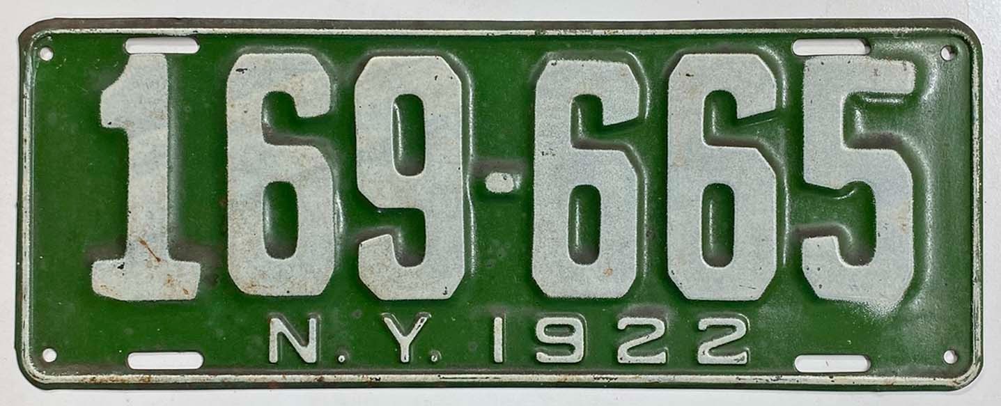 New York 1922 License Plate 169-665 Original Paint Antique Garage Man Cave Sign