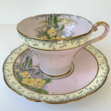 Aynsley Bone China England Pink Tea Cup $ Saucer Primroses Gilt Trim Vintage